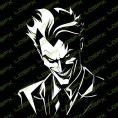 an image of the joker in green and white on a black background with letters around it