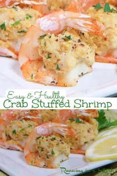 shrimp and crab stuffed shrimp on a white plate with lemon wedges