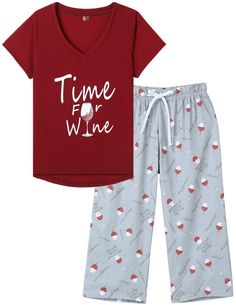 PRICES MAY VARY. ☀Material: Polyester fiber. The capri pajama sets are breathable, skin-friendly and stress-free, ultra soft and super comfy. ☀Top: Short sleeve with wine glass and letters print, v neck, loose style, very beautiful and unique. ☀Bottoms: The capri pajama pants design with lovely pattern, perfect for sleep in, lounge wear. ☀Occasion: Suit for spring, summer, autumn and winter, perfect for traveling,lounging around the house or layering on as sleepwear. ☀The sleep set will also be Capri Set, Plus Size Sleepwear, Comfortable Pajamas, Womens Pyjama Sets, Sleep Set, Print Pajamas, Loungewear Set, Pants Design, Pajama Sets