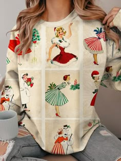 Women's Retro Christmas Print Round Neck Long Sleeve Top,Come to wonderclosets to Find your Favorite. Retro Animals, Round Neck Long Sleeve Top, Holiday Clothing, Christmas Print, Sport Dress, Christmas Items, Dark Fashion, Casual Party, Christmas Prints