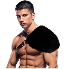 a shirtless man with no shirt wearing a fur collar and black leather cuffs on his chest