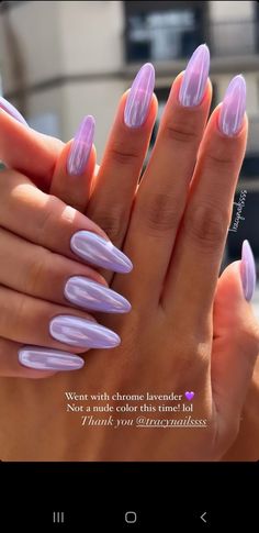 Pastel Nail Aesthetic, Summer Nail 2024 Trends Purple, Milky Chrome Lilac Nails, Cute Almond Nails Purple, Purple Crome Nails Design French Tip, Short Nails Ideas Colorful, Lavender Nails Simple, Purple Glass Nails, Purple Glossy Nails