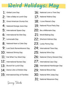 the national holiday calendar is shown in green and yellow, with words that read weird holidays may