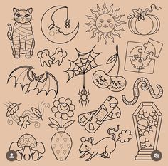 a bunch of doodles that are on a brown paper with the words halloween written in