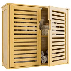 a wooden cabinet filled with lots of items