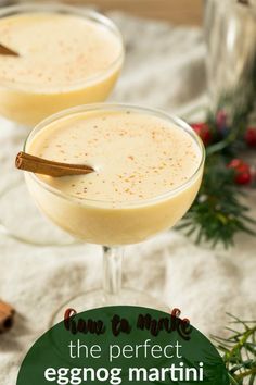 two glasses filled with eggnog martini cocktails