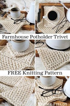 four pictures showing how to knit the farmhouse potholder trivet with free knitting pattern