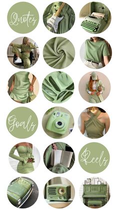 a collage of green images with words and pictures