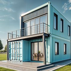 a house made out of shipping containers in the middle of a grassy area with stairs leading up to it