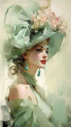 a painting of a woman wearing a green dress and hat with flowers on her head