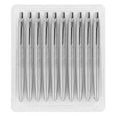 six metal ballpoint pens in a clear plastic case on a white background with clippings