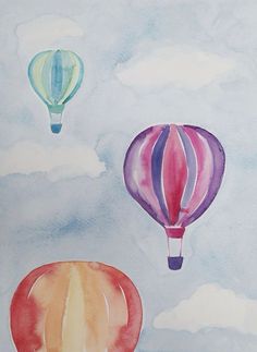 two hot air balloons flying in the sky above clouds and watercolors on paper