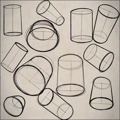 a bunch of different shapes and sizes of objects on a table top with lines drawn across them