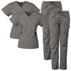 Medgear 12-pocket women's medical scrubs set with silver snap buttons. Mock-neck top with contrast detail, 4 lower patch pockets and elastic cord on shoulder. Scrub pants with all elastic waistband and drawstring, 2 pockets with snap button detail and Velcro closure, 2 front pockets, 2 cargo pocket, 2 back pockets and D-ring. Size: L.  Color: Gray.  Gender: female.  Age Group: adult. Womens Scrubs, Medical Scrubs, Scrub Sets, Mock Neck Top, Cargo Pocket, Scrub Pants, Contrast Trim, D Ring, Button Detail