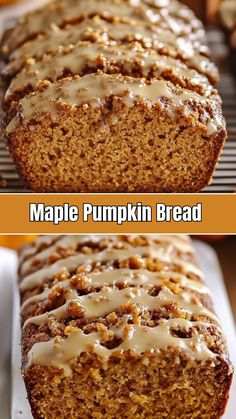 two pictures showing different types of bread with frosting on top and maple pumpkin bread in the middle