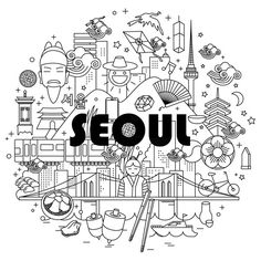 the word seou surrounded by icons and symbols in black and white on a white background