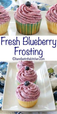 blueberry frosted cupcakes on a white plate with the words fresh blueberry frosting