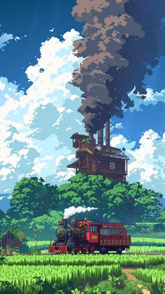 a train traveling through a lush green countryside under a cloudy blue sky with steam pouring out of it