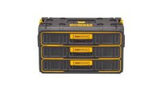 three yellow and black toolboxs on a white background with the words dew tools