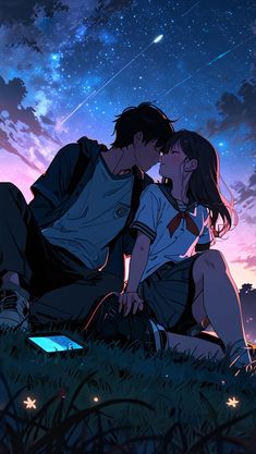 two people sitting in the grass under a night sky