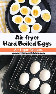 an air fryer with hard boiled eggs on it and the words air fryer boiled eggs