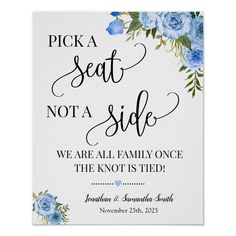 Pick a Seat not a Side Wedding Ceremony Blue sign Editable Template Pick A Seat, Scratch Paper, Bridal Shower Games, Take A Seat, Create Sign