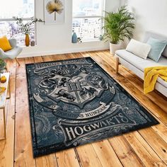 a hogwarts carpet in a living room