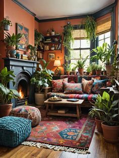 a living room filled with lots of plants and furniture