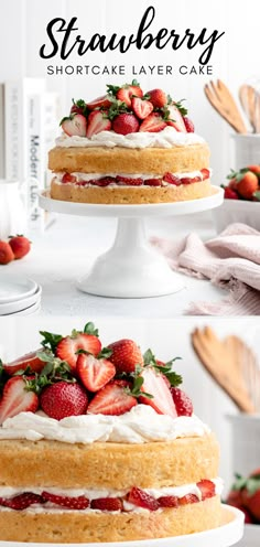 strawberry shortcake layer cake with cream cheese frosting and fresh strawberries on top