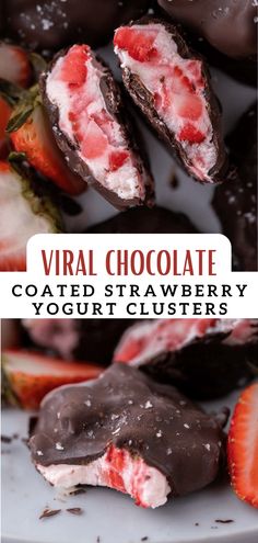 chocolate covered strawberry yogurt clusters on a plate with text overlay that reads, virtual chocolate coated strawberry yogurt clusters