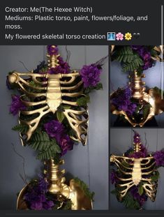 the skeleton is decorated with purple flowers and greenery on it's back side