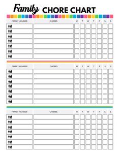 a printable family chore chart with the numbers and times on it, in rainbow colors