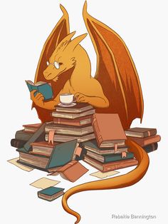 a dragon sitting on top of a pile of books next to a cup of coffee