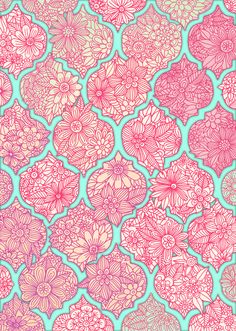 a pink and blue background with flowers on it