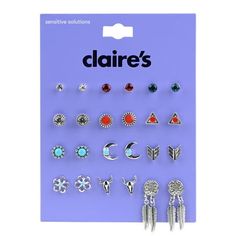 Claire's Red, Turquoise and Silver Earring Set is a beautiful starter or complement to your jewelry collection. With 12 sets of earrings with a trendy color palette of red, turquoise and silver, you have the finishing touch for your favorite everyday looks. These pieces are great for building your collection of accessories. Add as a final detail to any look for home, school and play. This set is a great gift for birthdays, holidays, celebrations, school dances, accomplishments and more. Glam up Cheap Hypoallergenic Turquoise Earrings, Cheap Turquoise Crystal Earrings, Cool Earrings For Guys, Claires Heart Earrings, Claires Earrings Clip Ons, Claires Earrings, Black Stud Earrings, Hypoallergenic Jewelry, Hoop Earring Sets