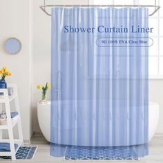 a shower curtain with the words shower curtain liner printed on it in blue and white