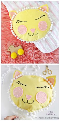 two pictures showing how to make an adorable cat pillow with felt and buttons on it