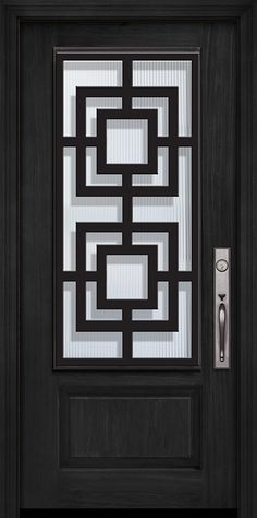 a black door with an intricate design on the front and side glass paneled in to it