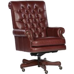 a brown leather office chair with casteors and wheels on an antique wooden base, against a white background