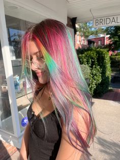 Hair inspi Rainbow Streak Hair, Cool Ways To Dye Your Hair, Bright Dyed Hair, Bisexual Hair, Hair Styels, Curly Hair Photos, Hair Color Crazy, Coloured Hair, Hair Due