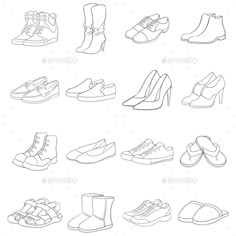 Shoe Icon Set Outline Simple Shoe Drawing, Shoes Illustration Drawing, Shoe Drawing Reference, Shoes Drawing Easy, Shoe Outline, Advertisement Drawing, Pencil Drawings Ideas, Shoe Drawings, Tattoo Drawing Ideas