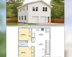 the floor plan for a two story house with an attached garage and living room area