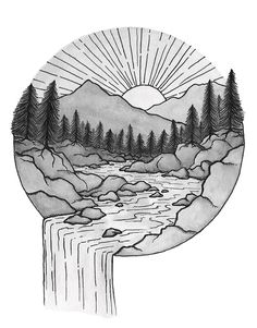 a drawing of a mountain stream with trees and mountains in the background, surrounded by rocks