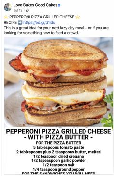 an ad for pepperoni pizza grilled cheese with pizza butter and bacon on it