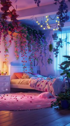 a bedroom decorated in pink and purple with lots of flowers hanging from the ceiling over the bed