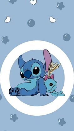 an image of stitch and stitch with hearts in the sky behind them on a blue background