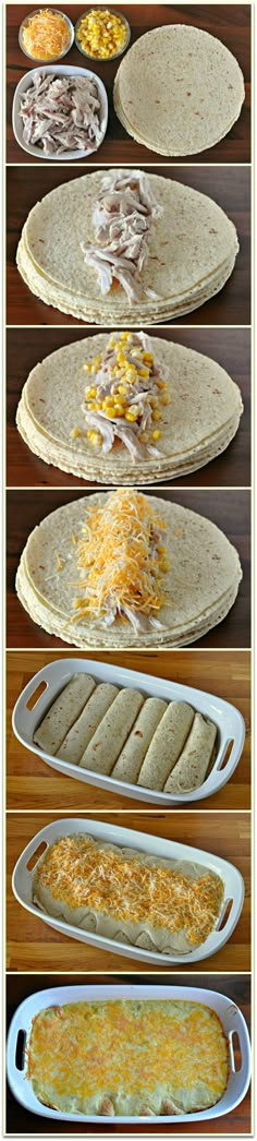 several different types of food being prepared in pans and on trays, including tortillas