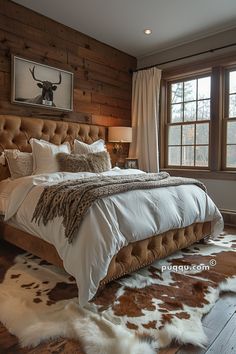 a large bed sitting next to a window in a bedroom on top of a hard wood floor