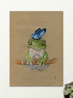 a painting of a frog with a blue butterfly on its head