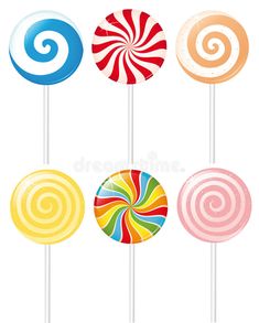 four lollipops are shown in different colors and sizes on a white background